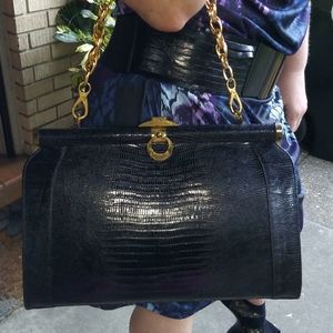 RARE 1960's BLACK LESCO IGUANA SKIN STRUCTURED HANDBAG WITH BRASS HARDWARE